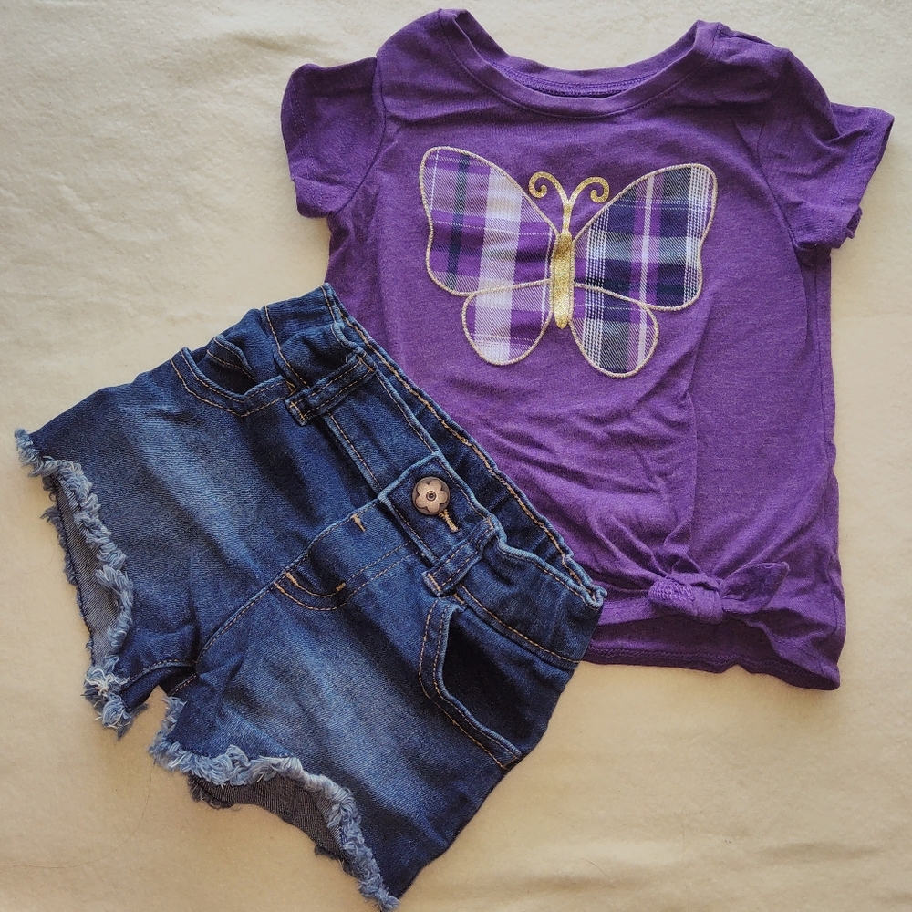 Butterfly Outfit Cutoff Jean Shorts Purple Tee Shirt Bow Knot Glittery